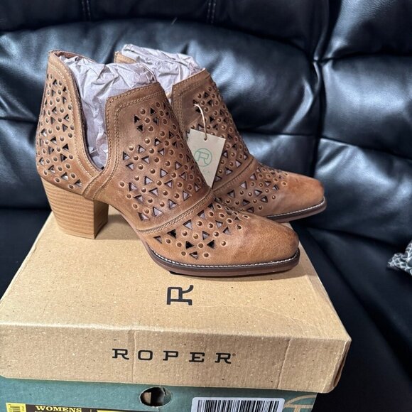 ROPER Womens Tan Leather Serena Cut-Outs Ankle Boots 7.5 - Picture 4 of 7